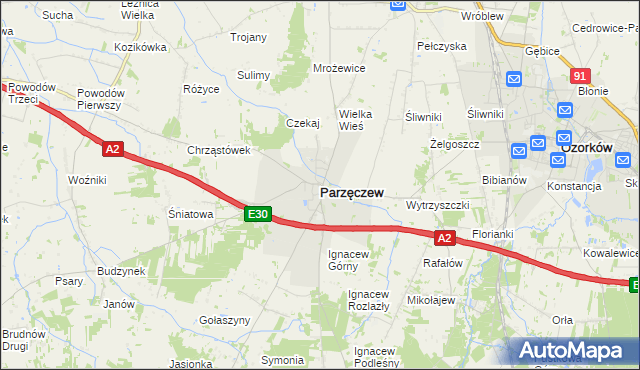 mapa Parzęczew powiat zgierski, Parzęczew powiat zgierski na mapie Targeo