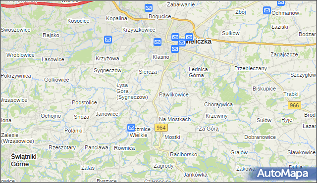 mapa Pawlikowice gmina Wieliczka, Pawlikowice gmina Wieliczka na mapie Targeo