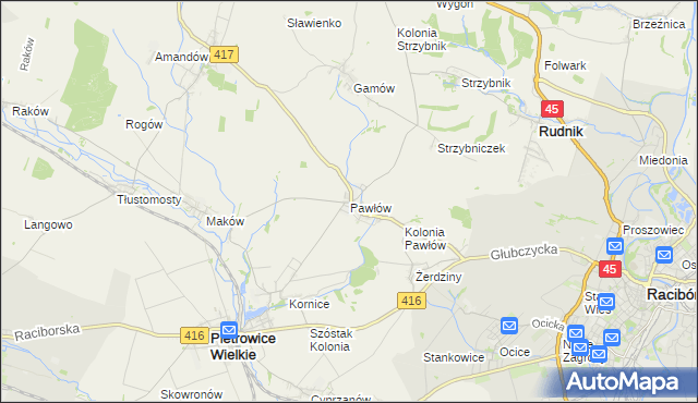 mapa Pawłów gmina Pietrowice Wielkie, Pawłów gmina Pietrowice Wielkie na mapie Targeo