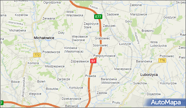 mapa Pielgrzymowice gmina Michałowice, Pielgrzymowice gmina Michałowice na mapie Targeo