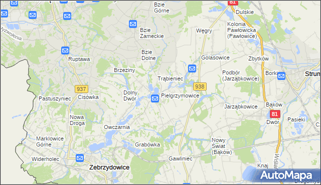 mapa Pielgrzymowice gmina Pawłowice, Pielgrzymowice gmina Pawłowice na mapie Targeo