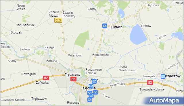 mapa Podzamcze gmina Łęczna, Podzamcze gmina Łęczna na mapie Targeo
