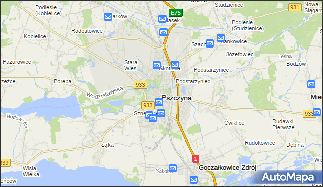 mapa Pszczyny, Pszczyna na mapie Targeo
