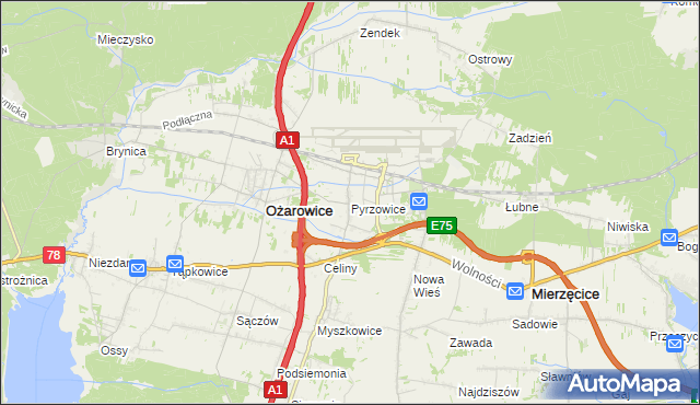 mapa Pyrzowice, Pyrzowice na mapie Targeo