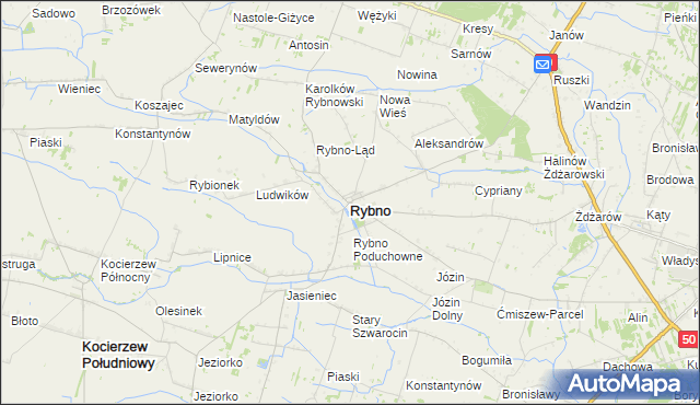 mapa Rybno powiat sochaczewski, Rybno powiat sochaczewski na mapie Targeo