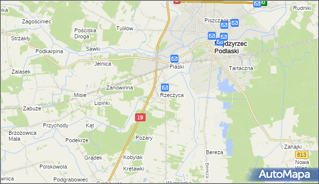 mapa Rzeczyca gmina Międzyrzec Podlaski, Rzeczyca gmina Międzyrzec Podlaski na mapie Targeo