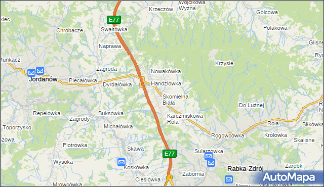 mapa Skomielna Biała, Skomielna Biała na mapie Targeo