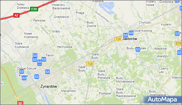 mapa Stare Budy gmina Jaktorów, Stare Budy gmina Jaktorów na mapie Targeo