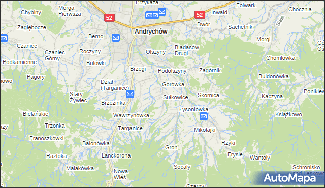 mapa Sułkowice gmina Andrychów, Sułkowice gmina Andrychów na mapie Targeo