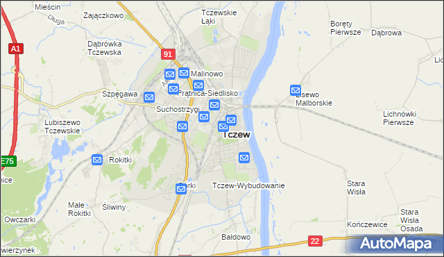 mapa Tczew, Tczew na mapie Targeo