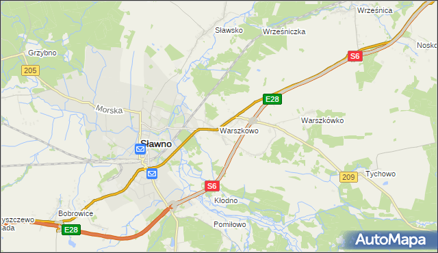 mapa Warszkowo gmina Sławno, Warszkowo gmina Sławno na mapie Targeo