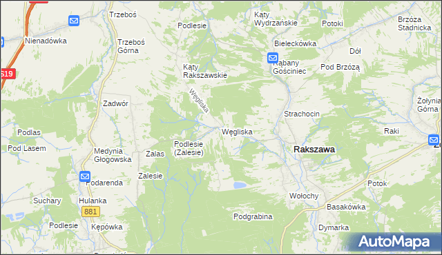 mapa Węgliska gmina Rakszawa, Węgliska gmina Rakszawa na mapie Targeo