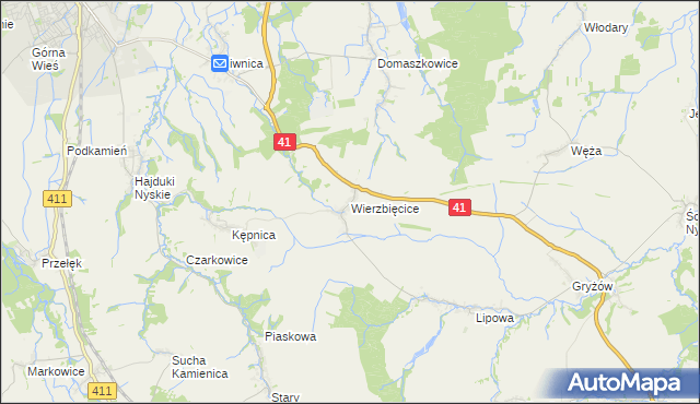 mapa Wierzbięcice gmina Nysa, Wierzbięcice gmina Nysa na mapie Targeo