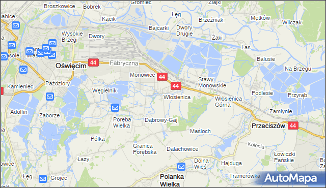 mapa Włosienica gmina Oświęcim, Włosienica gmina Oświęcim na mapie Targeo