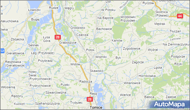 mapa Woźniki gmina Tomice, Woźniki gmina Tomice na mapie Targeo