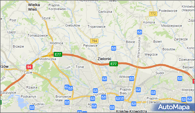 mapa Zielonki powiat krakowski, Zielonki powiat krakowski na mapie Targeo