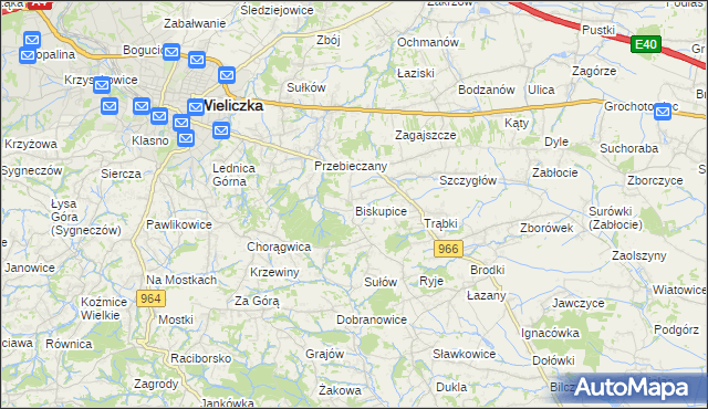 mapa Biskupice powiat wielicki, Biskupice powiat wielicki na mapie Targeo