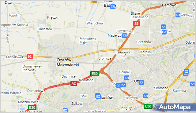 mapa Bronisze gmina Ożarów Mazowiecki, Bronisze gmina Ożarów Mazowiecki na mapie Targeo