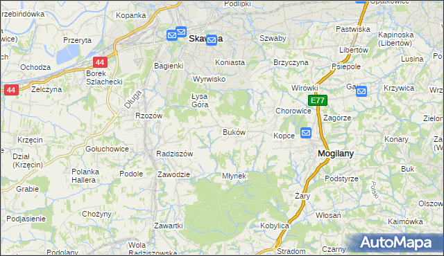 mapa Buków gmina Mogilany, Buków gmina Mogilany na mapie Targeo