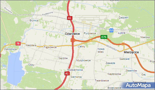 mapa Celiny gmina Ożarowice, Celiny gmina Ożarowice na mapie Targeo