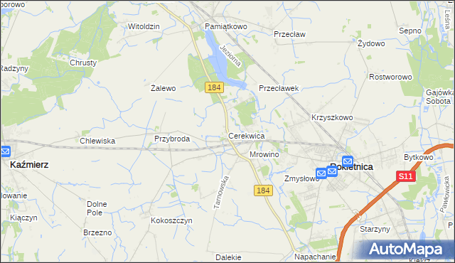 mapa Cerekwica gmina Rokietnica, Cerekwica gmina Rokietnica na mapie Targeo