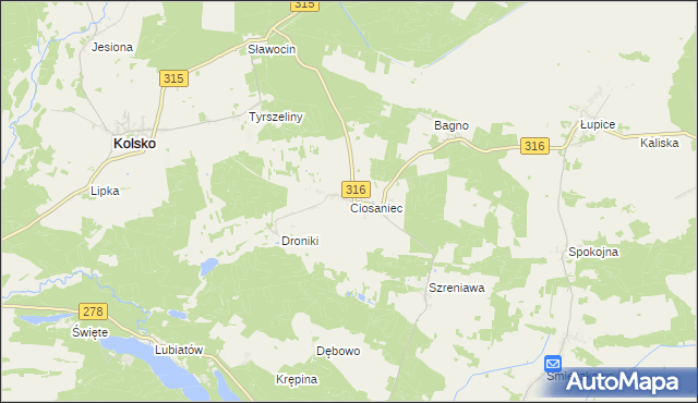 mapa Ciosaniec gmina Sława, Ciosaniec gmina Sława na mapie Targeo