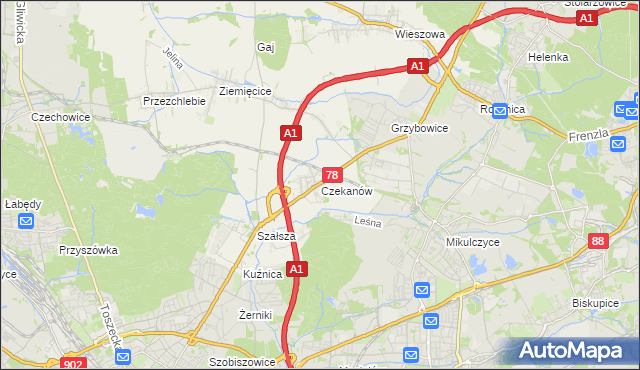 mapa Czekanów gmina Zbrosławice, Czekanów gmina Zbrosławice na mapie Targeo