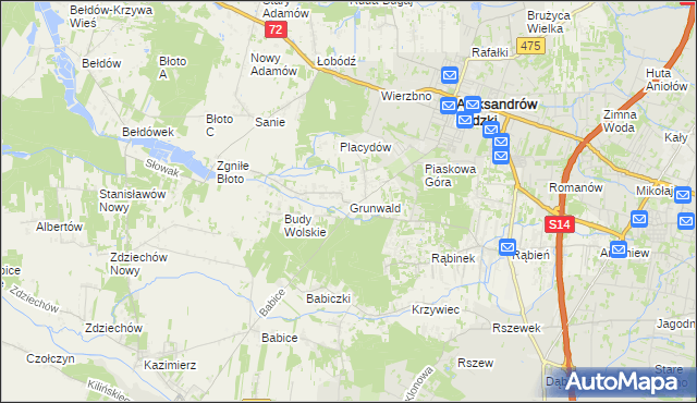 mapa Grunwald gmina Aleksandrów Łódzki, Grunwald gmina Aleksandrów Łódzki na mapie Targeo