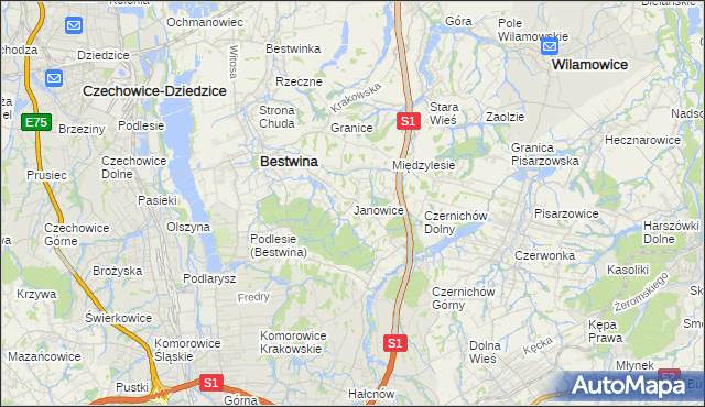 mapa Janowice gmina Bestwina, Janowice gmina Bestwina na mapie Targeo