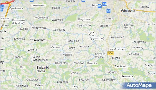 mapa Janowice gmina Wieliczka, Janowice gmina Wieliczka na mapie Targeo