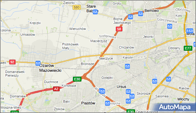 mapa Jawczyce gmina Ożarów Mazowiecki, Jawczyce gmina Ożarów Mazowiecki na mapie Targeo