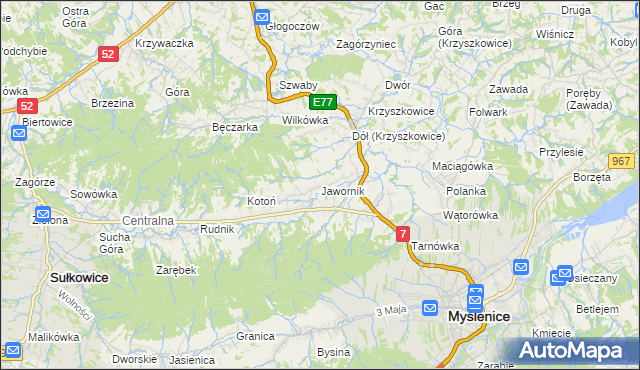 mapa Jawornik gmina Myślenice, Jawornik gmina Myślenice na mapie Targeo
