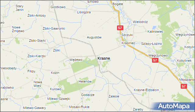 mapa Krasne powiat przasnyski, Krasne powiat przasnyski na mapie Targeo