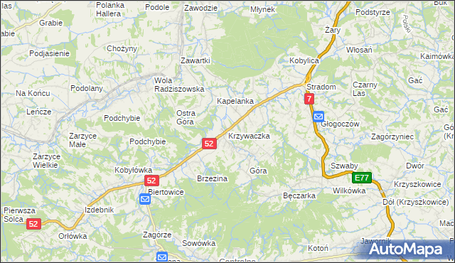 mapa Krzywaczka, Krzywaczka na mapie Targeo