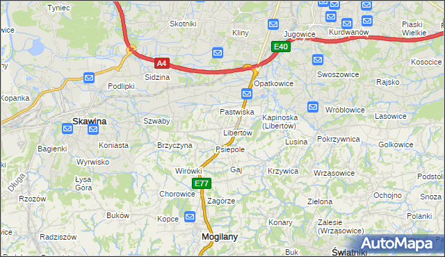 mapa Libertów gmina Mogilany, Libertów gmina Mogilany na mapie Targeo
