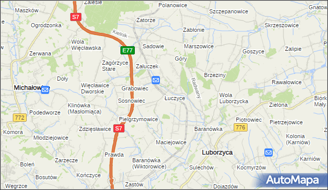 mapa Łuczyce gmina Kocmyrzów-Luborzyca, Łuczyce gmina Kocmyrzów-Luborzyca na mapie Targeo