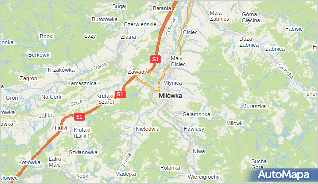 mapa Milówka powiat żywiecki, Milówka powiat żywiecki na mapie Targeo