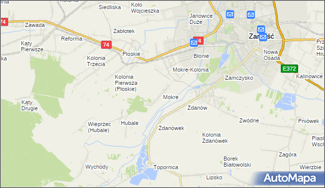 mapa Mokre gmina Zamość, Mokre gmina Zamość na mapie Targeo