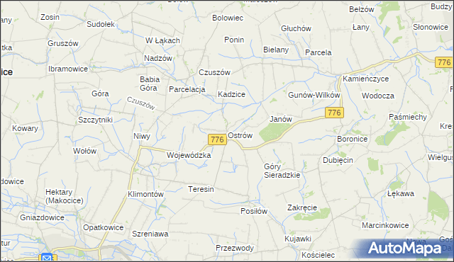 mapa Ostrów gmina Proszowice, Ostrów gmina Proszowice na mapie Targeo