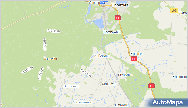 mapa Stróżewko gmina Chodzież, Stróżewko gmina Chodzież na mapie Targeo