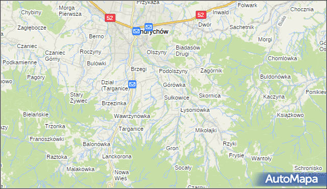 mapa Sułkowice gmina Andrychów, Sułkowice gmina Andrychów na mapie Targeo