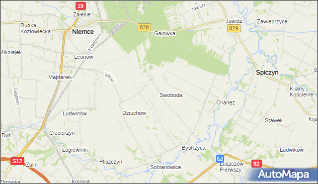 mapa Swoboda gmina Niemce, Swoboda gmina Niemce na mapie Targeo
