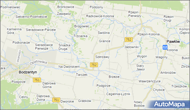 mapa Szerzawy gmina Pawłów, Szerzawy gmina Pawłów na mapie Targeo