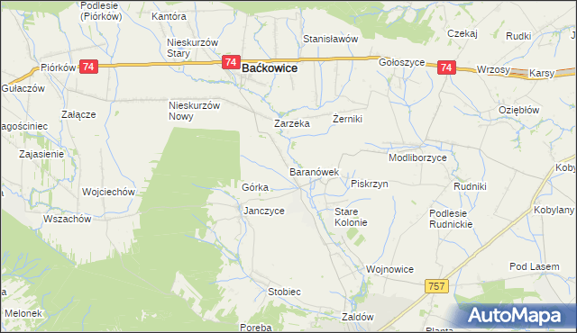 mapa Baranówek gmina Baćkowice, Baranówek gmina Baćkowice na mapie Targeo