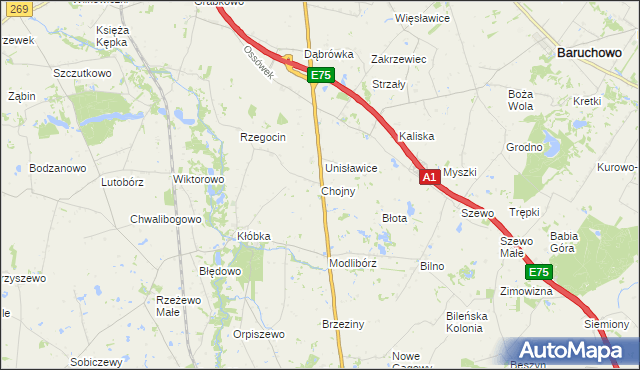mapa Chojny gmina Lubień Kujawski, Chojny gmina Lubień Kujawski na mapie Targeo