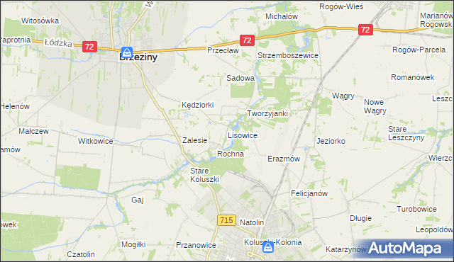 mapa Lisowice gmina Koluszki, Lisowice gmina Koluszki na mapie Targeo