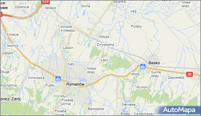 mapa Łazy gmina Rymanów, Łazy gmina Rymanów na mapie Targeo