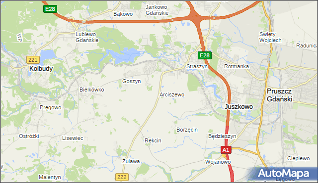 mapa Arciszewo gmina Pruszcz Gdański, Arciszewo gmina Pruszcz Gdański na mapie Targeo