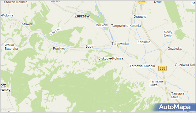 mapa Biskupie-Kolonia gmina Wysokie, Biskupie-Kolonia gmina Wysokie na mapie Targeo