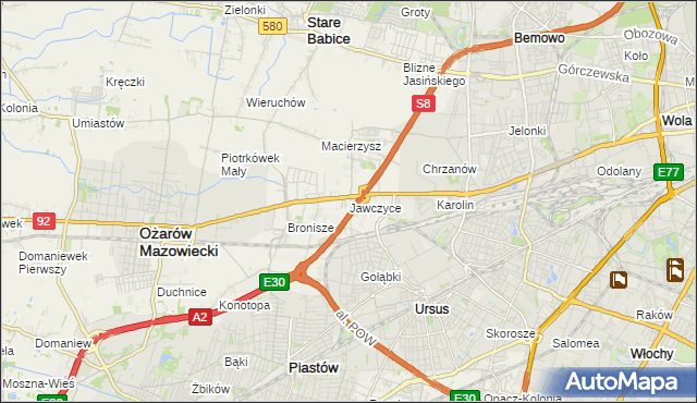 mapa Jawczyce gmina Ożarów Mazowiecki, Jawczyce gmina Ożarów Mazowiecki na mapie Targeo